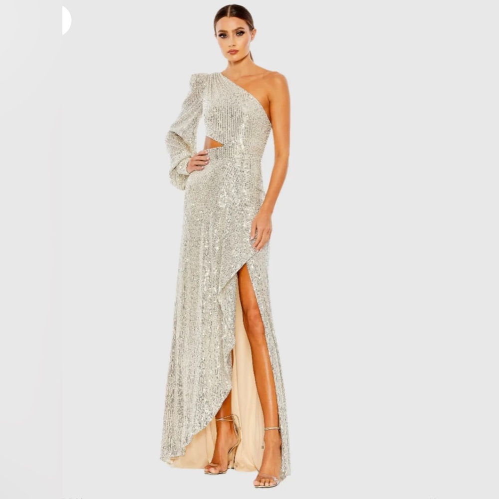 Mac Duggal Silver One-Shoulder Maxi Dress